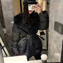 Fashionable chain belt slimming waist cotton jacket coat 2021 Winter New Product personality wool stitching festival long cotton coat