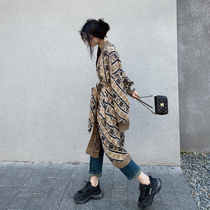 Personality Lingge Contrast Design V-Collar Long Knitted Cardigan 2021 Spring New Fashion Pulling Lace Sweater