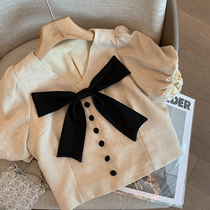 Temperament Small Fragrant Contrast Color Bow Boss Sleeve Short Top 2021 Summer New Sister Mahjong High Waist Apricot Shirt