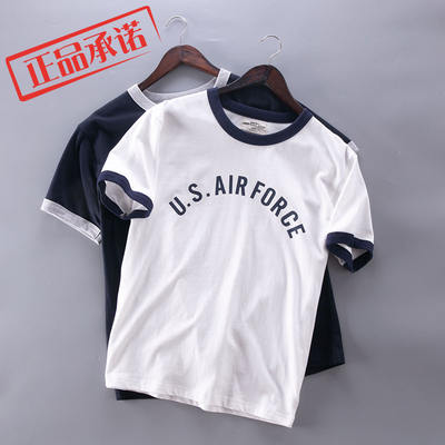Air Force theme print 230g heavy pure cotton color-blocked shoulder round neck casual short-sleeved T-shirt, men's base layer fashion