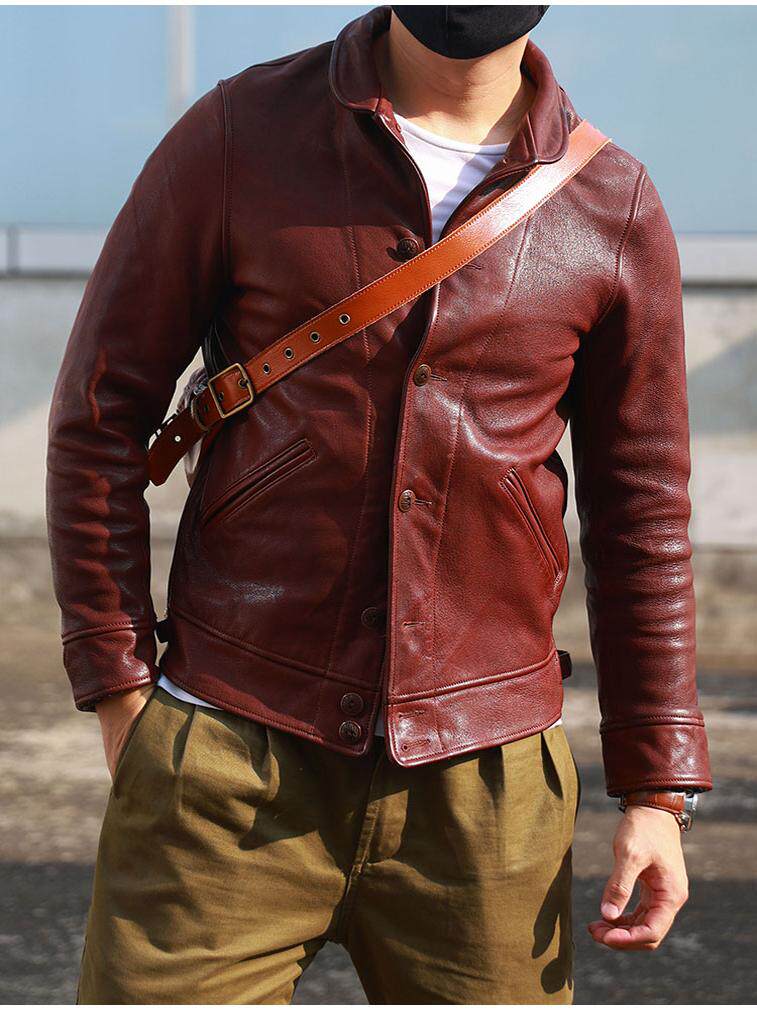 100% Genuine Leather Jacket Men's Button Biker Collar Short