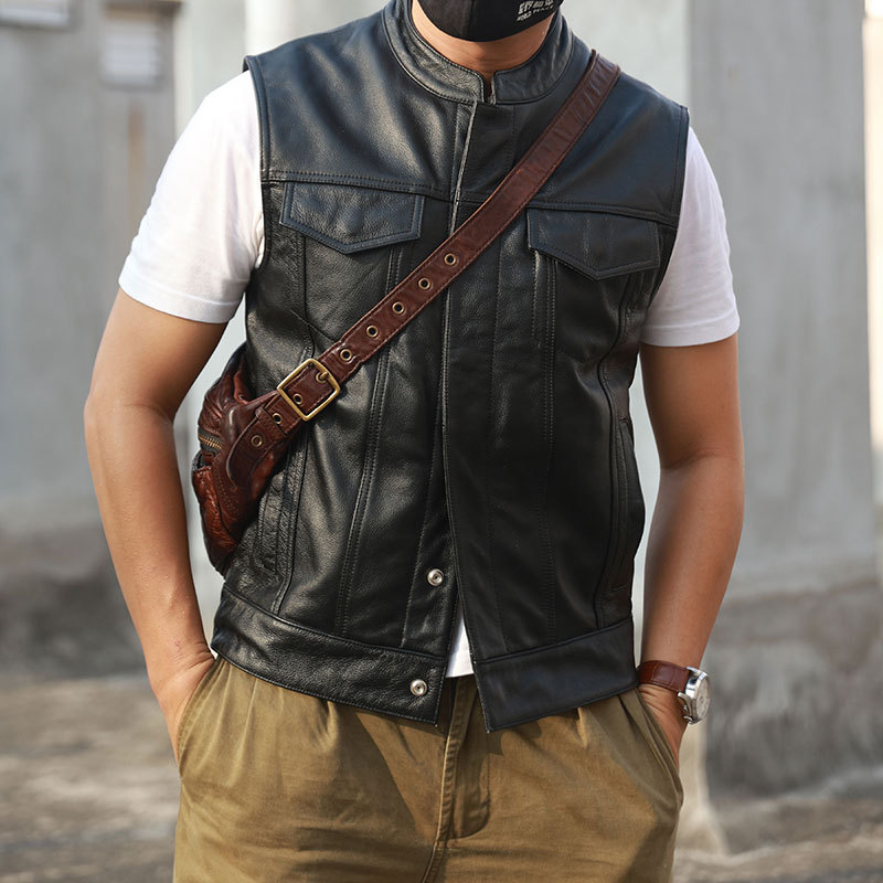 Harley Riding Genuine Leather Vest for Men, Pure First-Layer Cowhide, Sons of Anarchy Stand-Up Collar Slim Fit Motorcycle Leather Vest for Men Harley Riding Genuine Leather Vest for Men, Pure First-Layer Cowhide, Sons of Anarchy Stand-Up Collar Slim Fit Motorcycle Leather Vest for Men