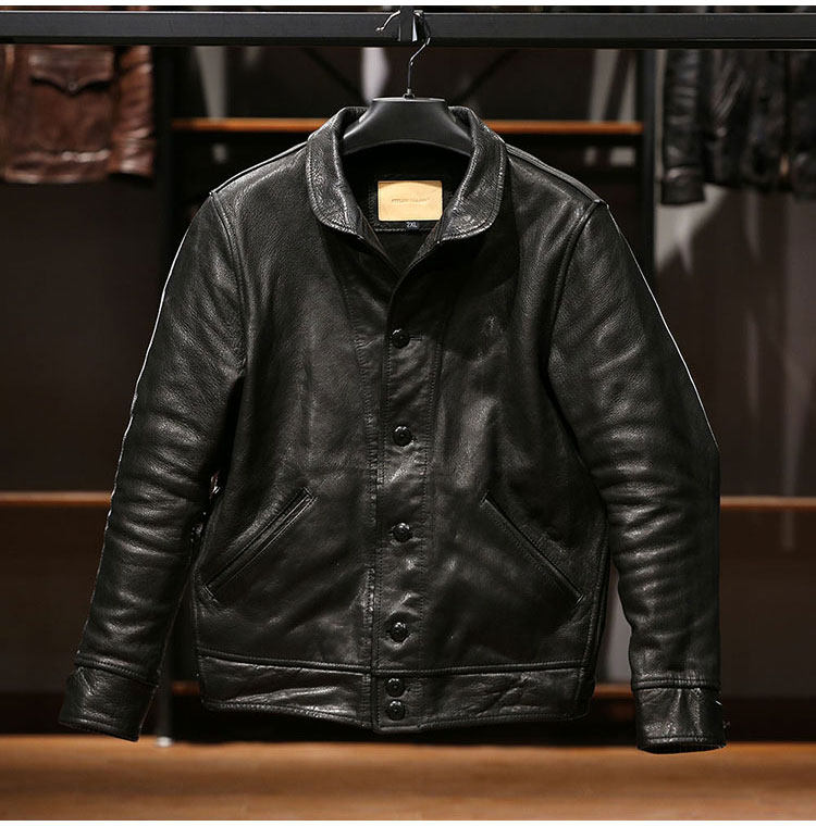 100% Genuine Leather Jacket Men's Button Biker Collar Short