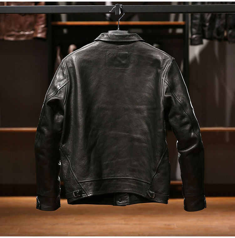 100% Genuine Leather Jacket Men's Button Biker Collar Short