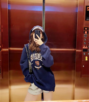 (Peach family) 2021 autumn ADER Super fire Korean letter embroidery hidden blue hooded sweater womens pullover