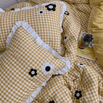 Korea ins net red double yarn pure cotton four-piece set Four seasons naked sleeping cute soft cute patch embroidery single double set