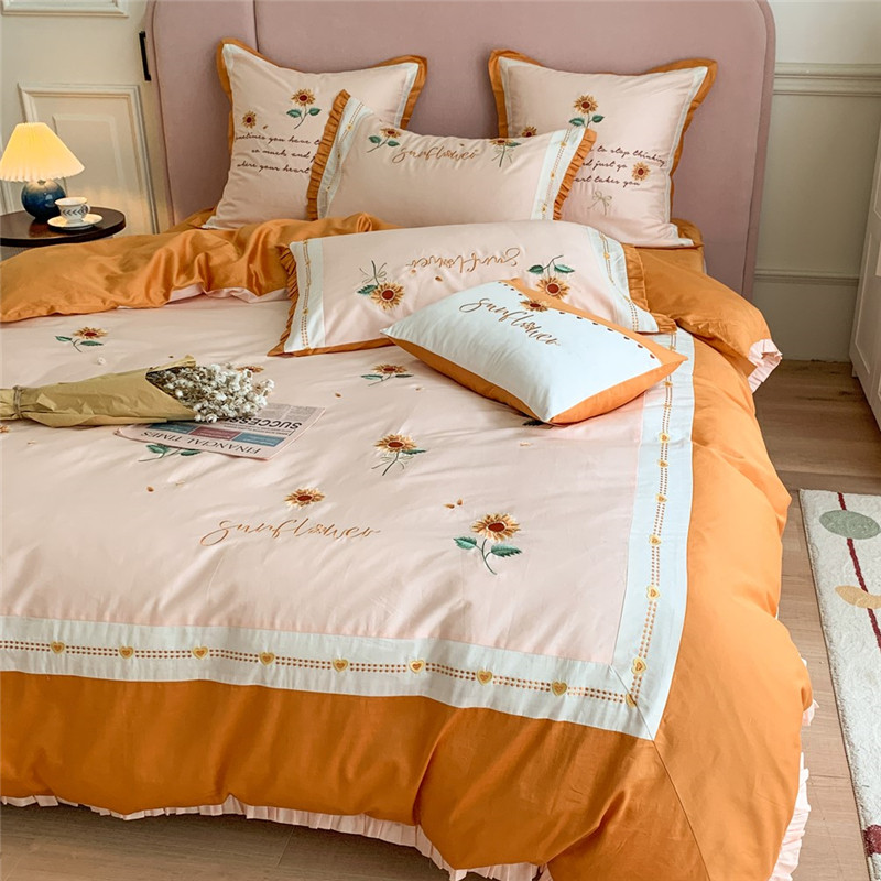 Warm Korean sunflower embroidery 60 Egyptian cotton cotton four-piece set of four seasons satin embroidery double kit