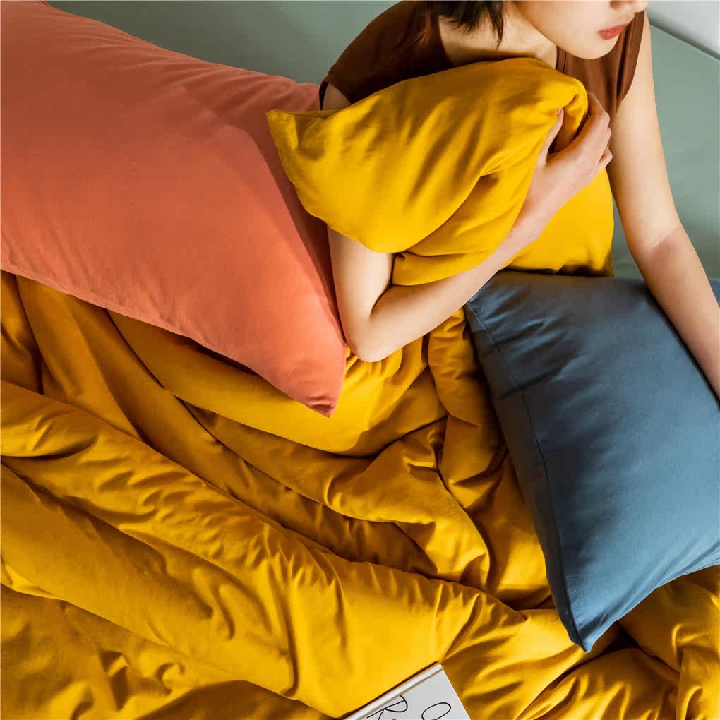 Vintage light luxury contrast color knitted cotton cotton four-piece set ins solid color Tianzhu cotton sheet plain wild fitted sheet 1 8