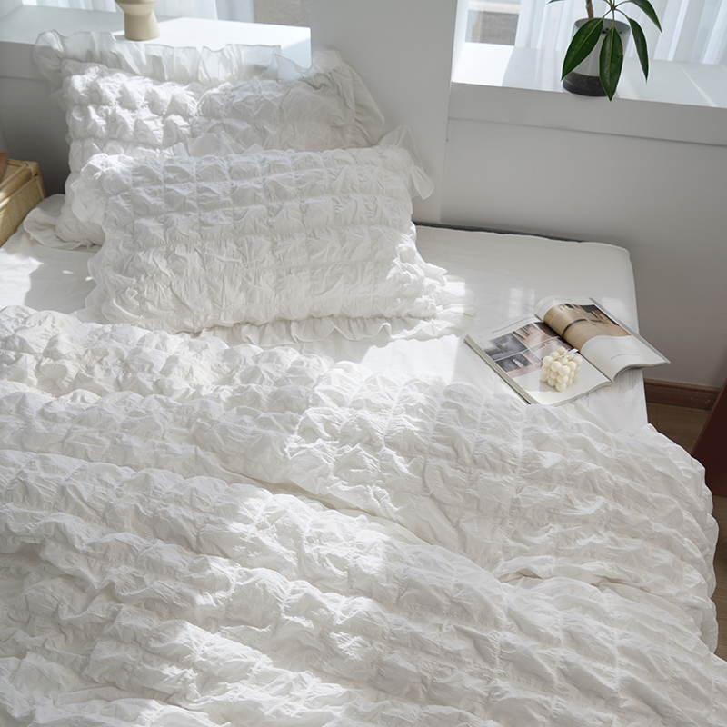 Pure white fairy fluttering puffs clouds washed cotton bed Pure cotton bed single four-piece set simple white bed summer