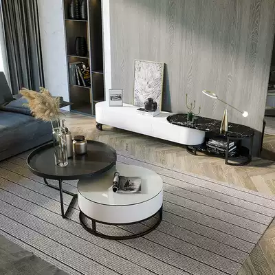 Nordic modern simple round coffee table TV cabinet combination Light luxury tea table creative telescopic glass small apartment living room