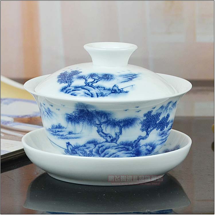 Jingdezhen Porcelain Covered Bowl Ceramic Tea Bowl Sancai Bowl Kung Fu Tea Set Teacup Blue and White Porcelain Small Bridge Flowing Water