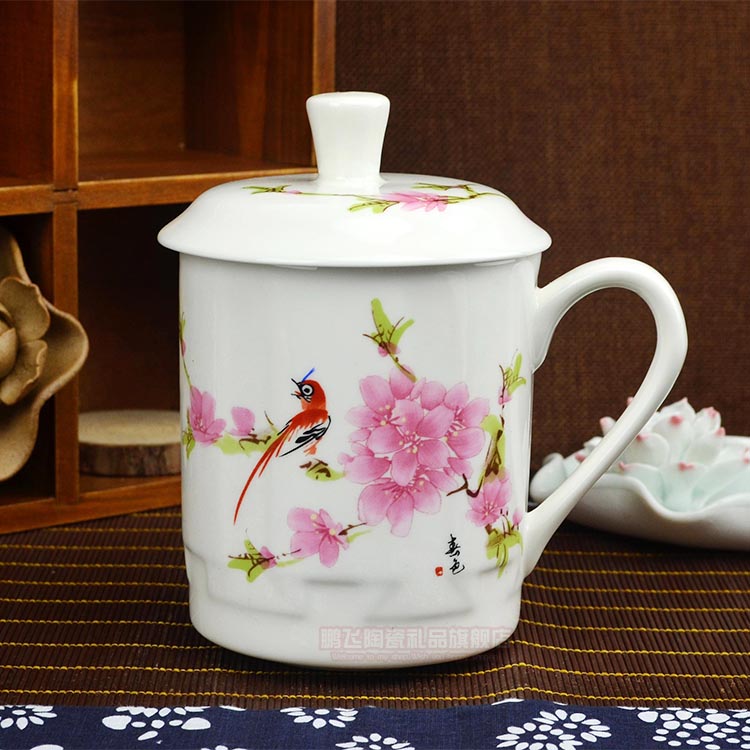 Jingdezhen bone china tea cup with lid ceramic cup water cup large ceramic tea cup water point peach blossom drinking cup