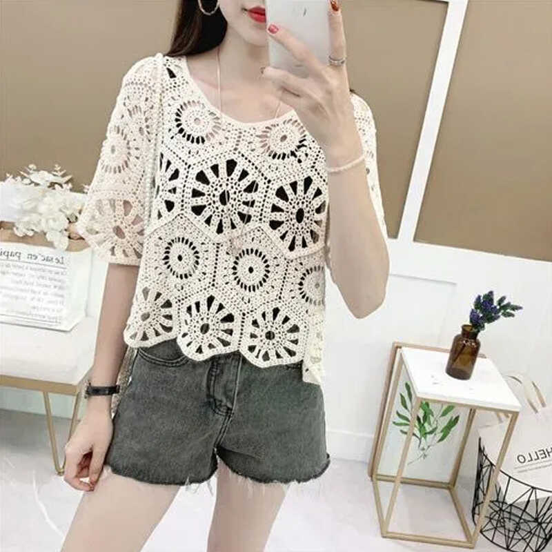 2024 Spring and Summer Korean Style New Crocheted Cut Out Lace Shirt for Women Loose Short-Sleeved T-Shirt Top Bottoming Shirt for Women 2024 Spring and Summer Korean Style New Crocheted Cut Out Lace Shirt for Women Loose Short-Sleeved T-Shirt Top Bottoming Shirt for Women
