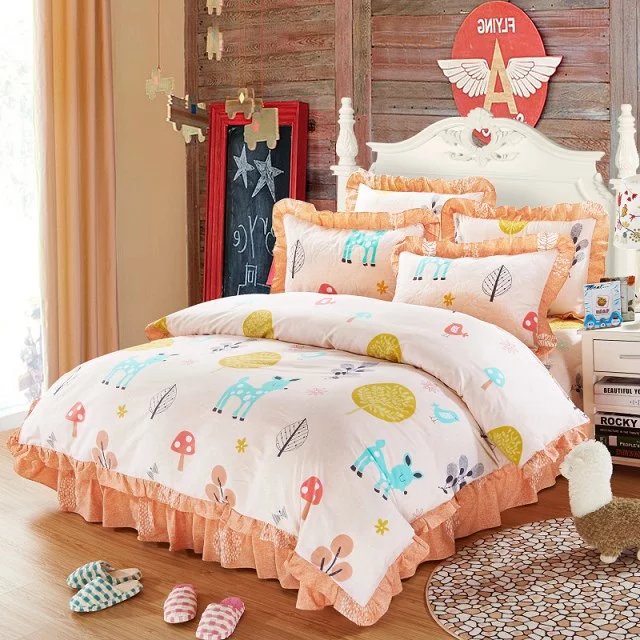 Bông đệm bông trải giường đơn mảnh Cotton phim hoạt hình trẻ em giường ngủ trải giường ba hoặc bốn bộ 1,51,8 m ga giường có viền
