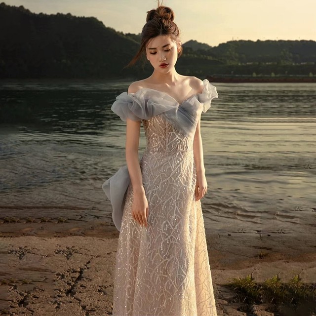 One-shoulder evening dress 2022 new autumn and winter dress skirt high-quality bride toast dress light wedding dress female