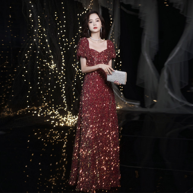 Wine red toast dress 2021 new high-end banquet sequined lace evening dress host performance fairy dress