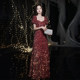 Wine red toast dress 2021 new high-end banquet sequined lace evening dress host performance fairy dress