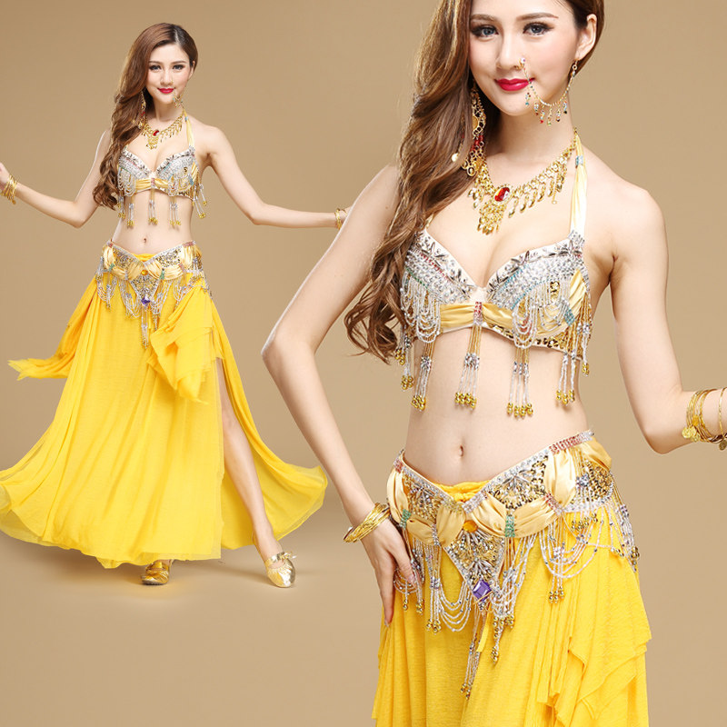 Indian dance performance suit Belly dance costume three-piece high-grade bra W05 waist seal F003 ear skirt Q03