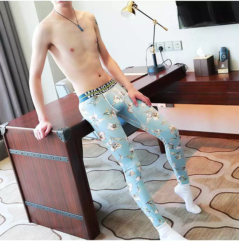 Quần dài nam Qiuku Quần cotton mỏng Quần ấm thời trang Hàn Quốc Doodle In Eo thấp Sexy Quần legging nam quần giữ nhiệt nam đá bóng