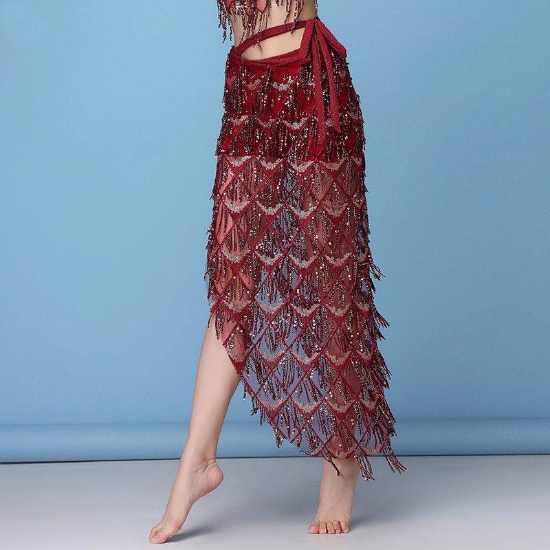 Belly dance hip towel practice suit new waist chain skirt towel sexy wild black sequin mesh tassel waist skirt waist towel