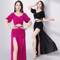 Belly Leather Dance Dress 2023 New Sexy Summer Practice Service Short Sleeve Mesh Yarn Oriental Dance Dancer Dress Long Dress Suit