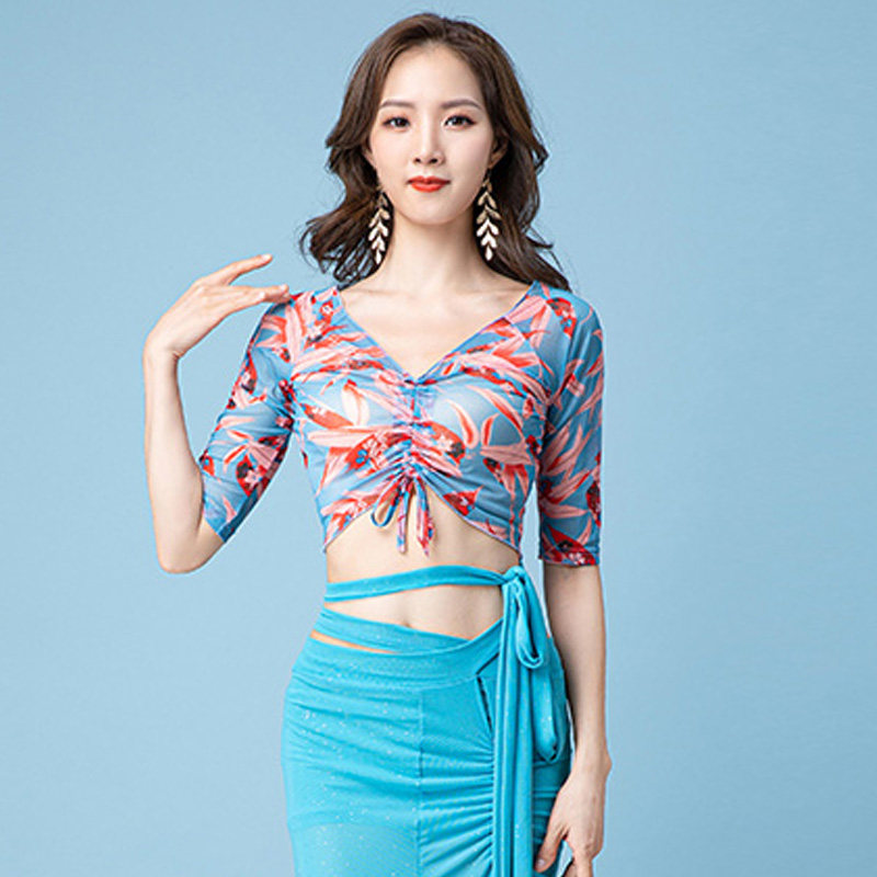 Belly dance tops 2021 new mid-sleeve V-neck fashion printing dance costumes Oriental dance practice clothes dance clothes summer