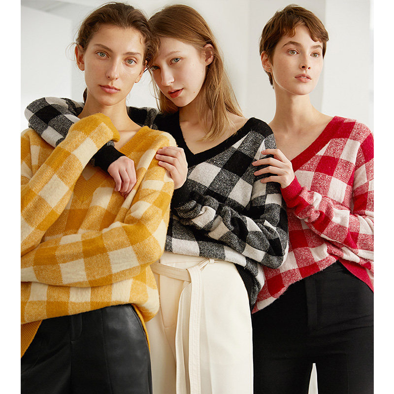 RoseLingLing vintage 50s Vichy check yak down wool V-neck loose pullover sweater fall winter woman