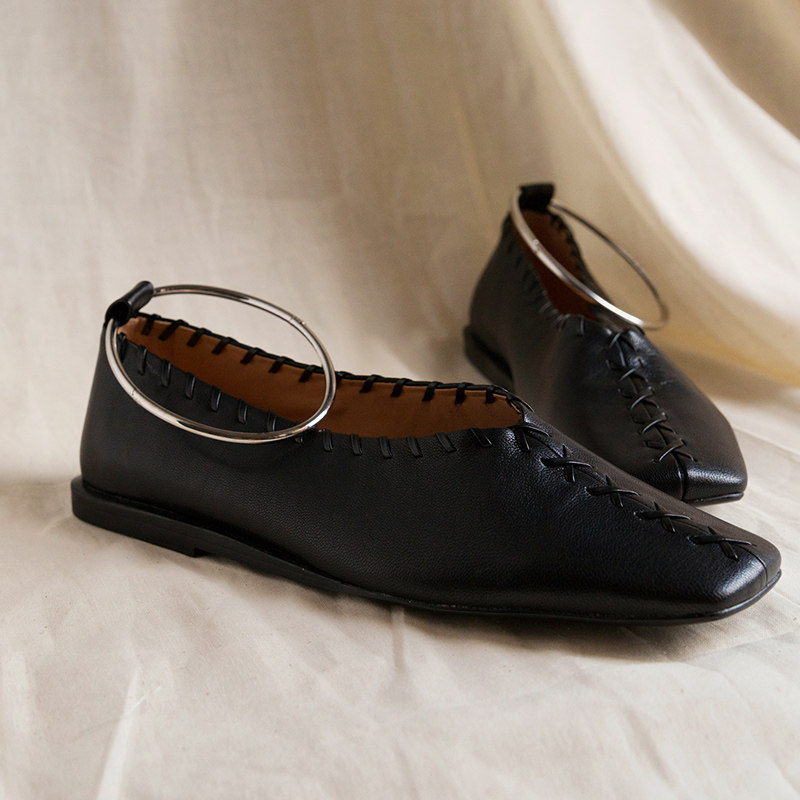 RoseLingLing fashionable ring braided belt square toe lambskin comfortable and good to wear flat shoes grandma shoes