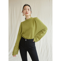 RoseLingLing hugging soft cashmere wool lazy loose half high collar bubble sleeve knitted top women