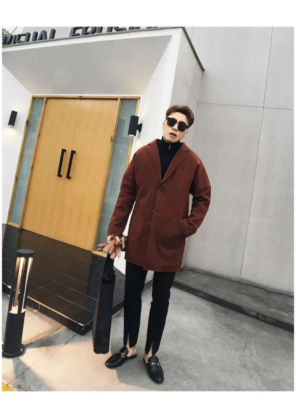 Mustache Shop Winter Fashion Falling Shoulder Plus Cotton Dày vừa dài Áo khoác len trẻ trung Áo khoác mỏng Hàn Quốc áo ấm nam