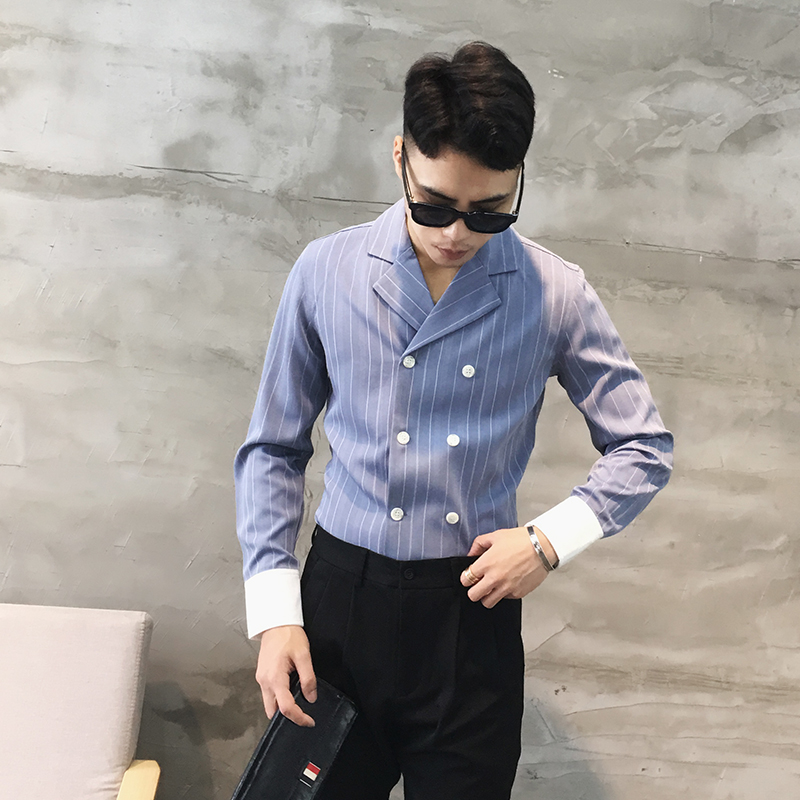 小胡子店秋冬时尚撞色袖口双排扣条纹翻领衬衫男韩版休闲长袖衬衣