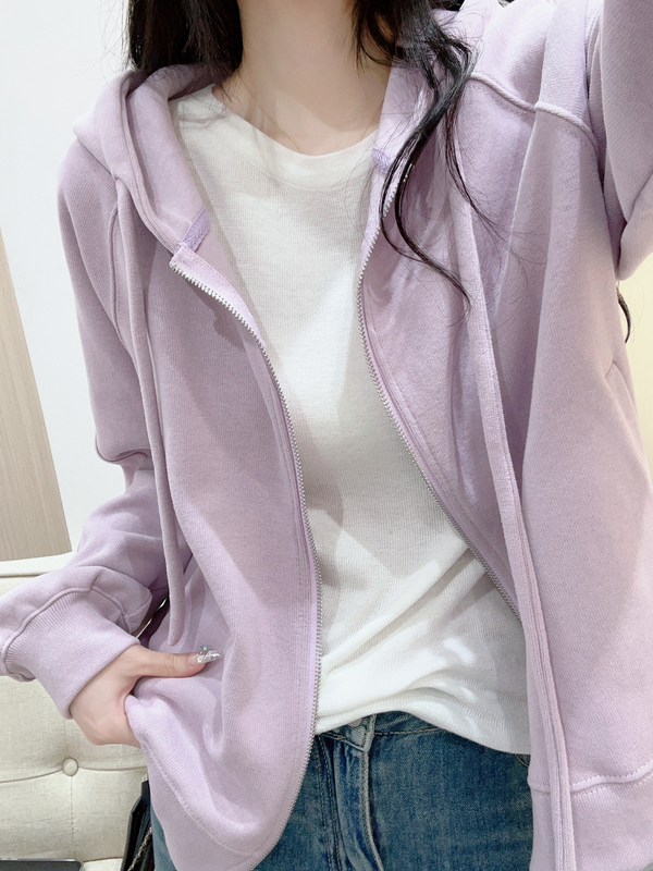 Purple Raglan Sleeve Sweatshirt Cardigan for Women, Spring and Autumn, Loose Casual Versatile Jacket, Long Sleeve Hooded Top for Petite Women