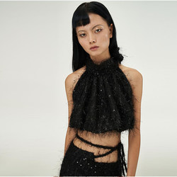 PAN N2023 new sequined sexy halter neck strap temperament backless women's top vest bag hip skirt suit