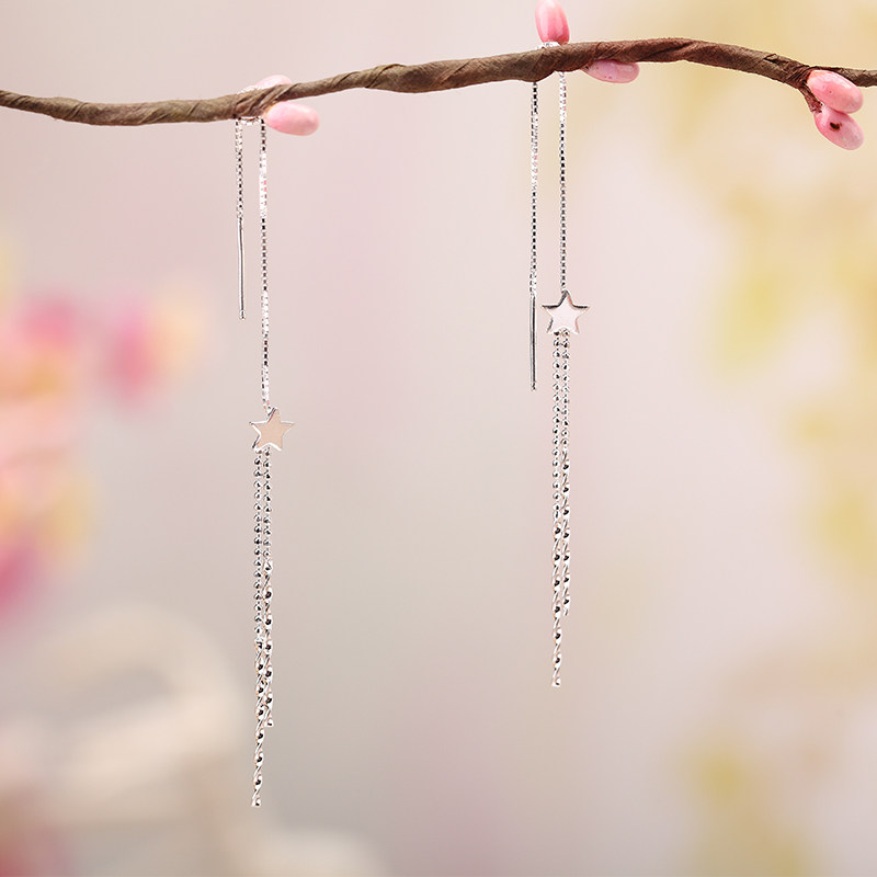 Pure Silver Ear Necklace 2021 New Tidal Net Red Earrings Temperament Super Fairy Korean Long Edition Brief about 100 hitch a little crowdcast