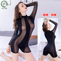 The temptation of thin plastic body one-piece clothes black sexy lace perspective elastic tight long sleeve female secret undercover