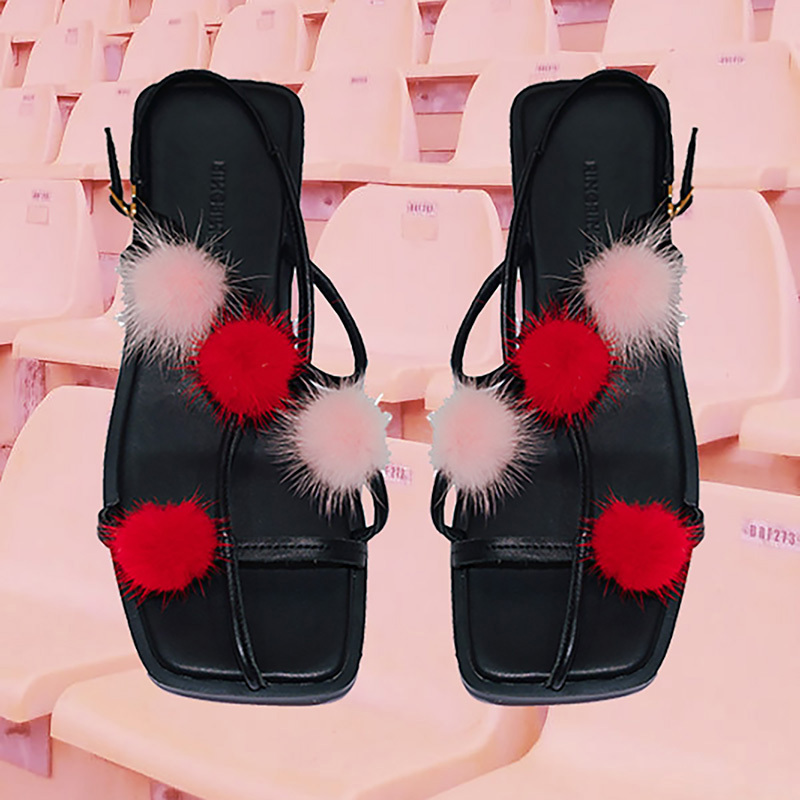 Ringring'Colorful Raindrops' Mink Fur Ball Sandals in Black and White