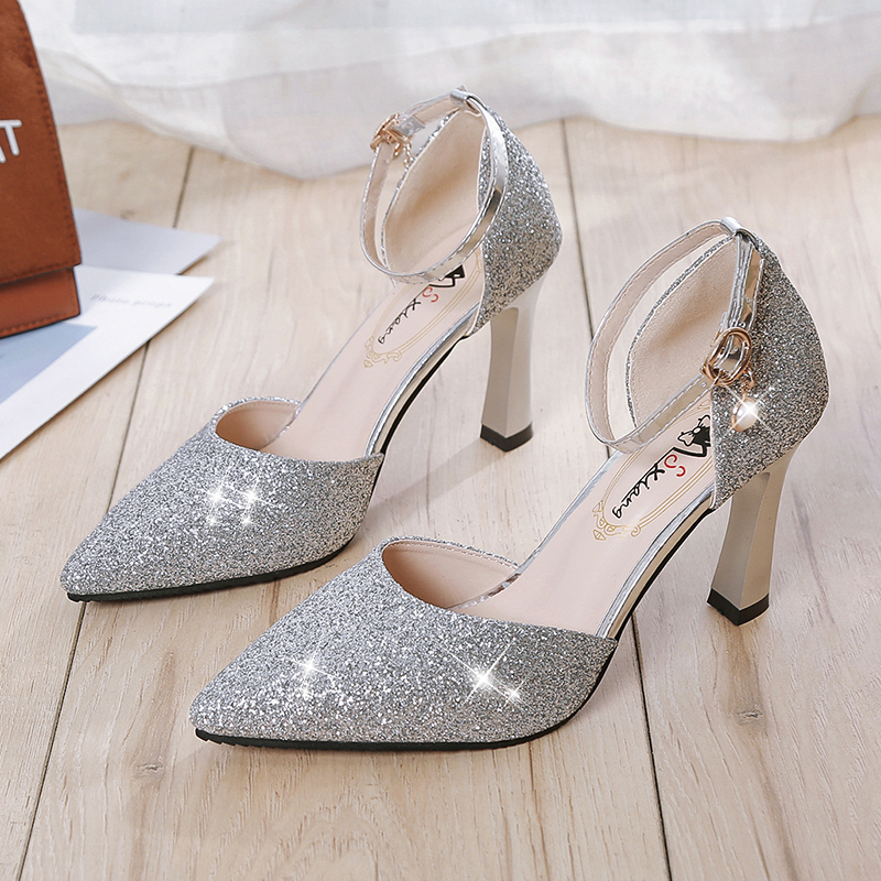 Baotou Chunky Heel Sandals for Women 2024 Spring and Autumn New Fashion Mid-Heel Ankle Strap High Heels Rhinestone Women's Shoes
