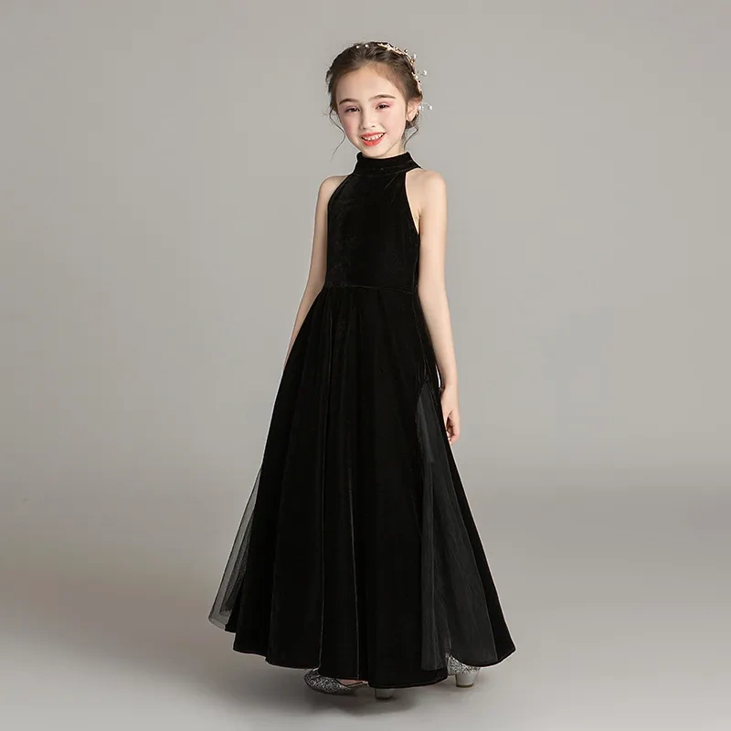 Children's Evening Dress 2025 New Hepburn Style Black Halter Neck Model Runway Host Long Piano Performance Costume