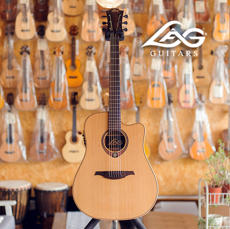 French brand LAG T170DCE red cedar wood face single 41 inch missing corner D barrel style slingshot folk guitar electric box
