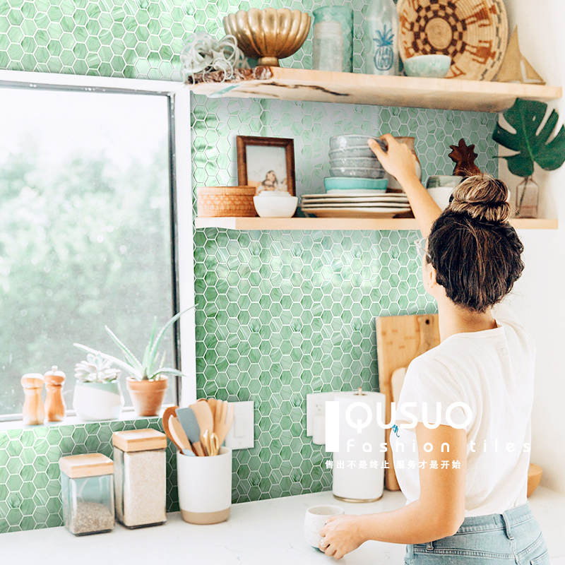 Anecdox Green Glass Small Hexagon Mosaic Guest Dining Room Bar Kitchen Wall Brick Makeup Room Tile Background Wall
