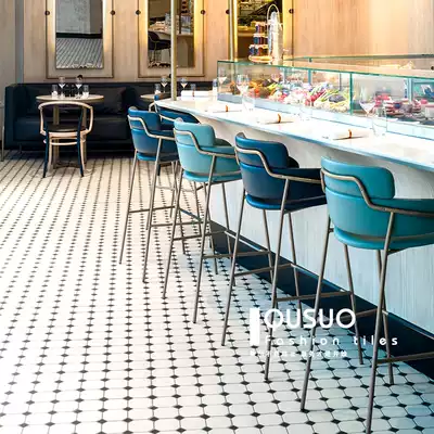 Fun Nordic powder room floor tiles Kitchen tiles Retro black and white wall tiles Toilet non-slip flower pieces parquet