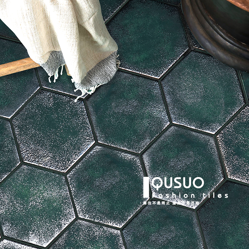 Fun retro dark green kitchen hexagonal tiles Powder room Bathroom toilet hexagonal tiles Balcony wall floor tiles