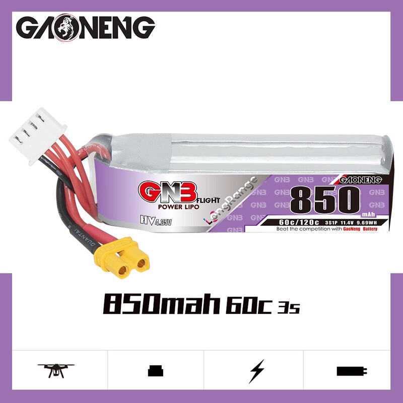 High-Energy Gnb 850Mah 3S 11.4V 60C Hv High-Voltage Long-Lasting Lithium Battery for Fpv Drones