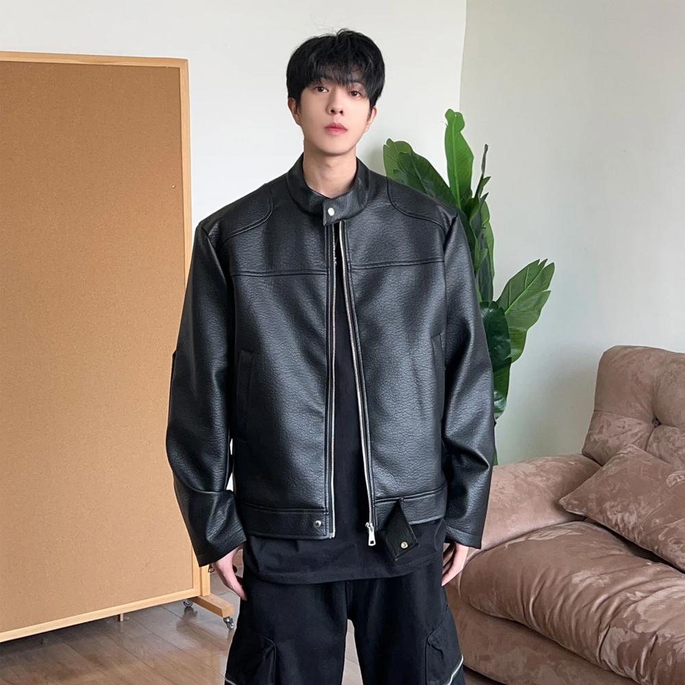 アメリカンレトロショートルーズスタンドカラーモーターサイクルレザージャケットメンズ春カジュアルデザインハンサムPUレザージャケット
