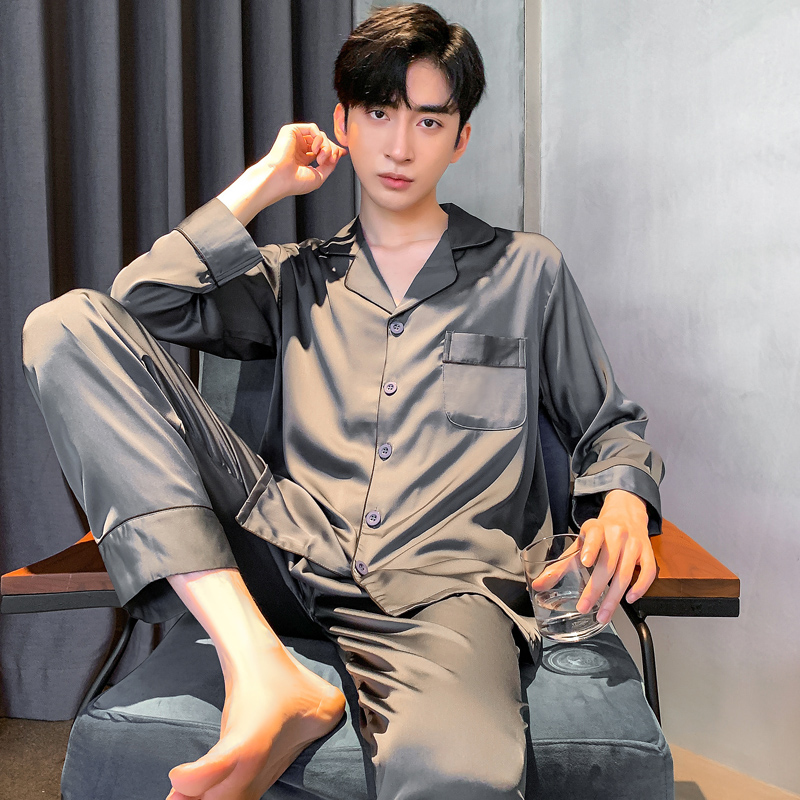 Real Silk Sleepwear Men's Thin Summer Short Sleeves Silk Upscale Home Clothes Men's Shirts Ice Silk Spring Autumn Long Sleeve Suit