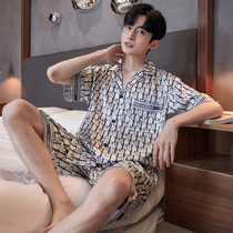 High-end silk pajamas for men summer short-sleeved shorts cardigan mulberry silk thin loose large size home wear set