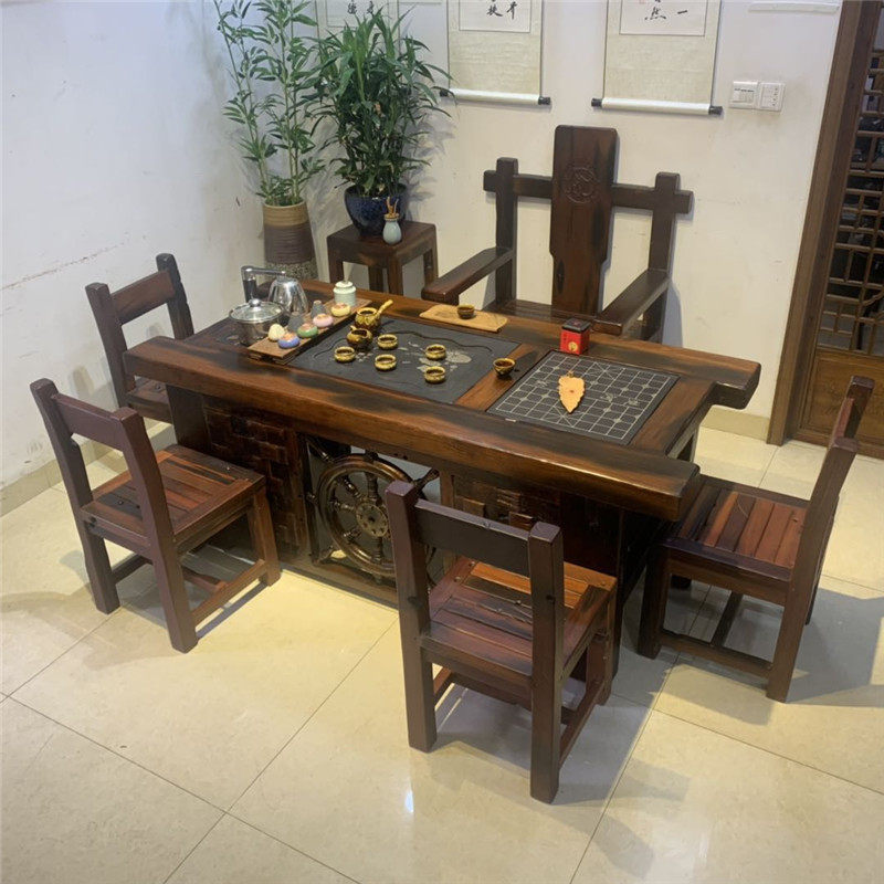 Old ship wood New Chinese ship rudder tea table and chairs combined solid wood tea table Kung Fu tea table Domestic living room boat wood furniture