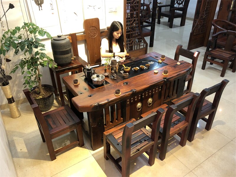Old boat wood tea table and chairs Combined solid wood minimalist New Chinese Balcony Small Tea Table Living Room Kung Fu Tea Tea Art Table-Taobao