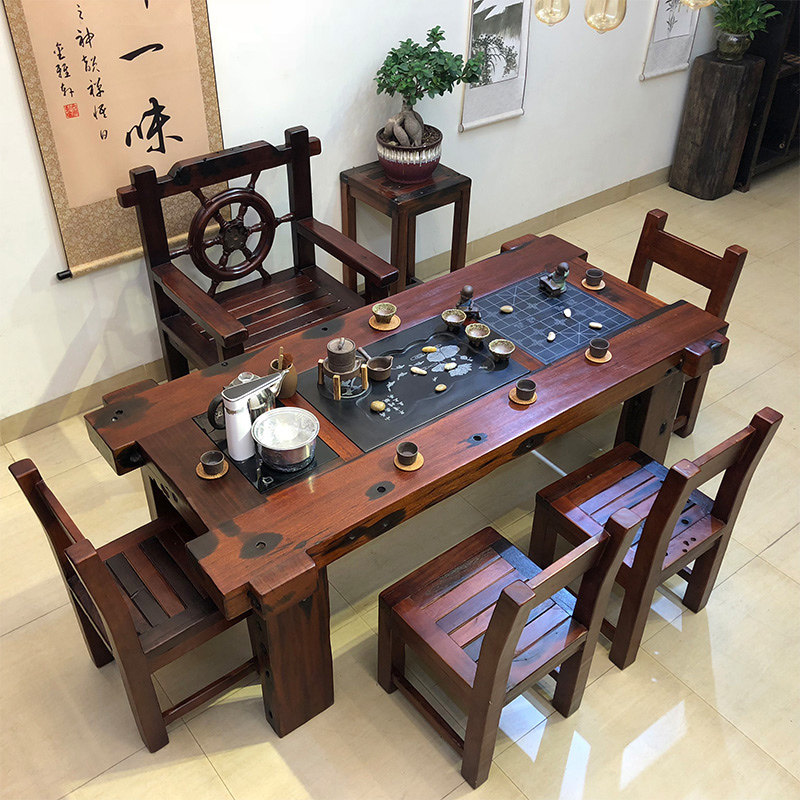 Old boat wood tea table and chairs set with family living room tea set Set antique solid wood New Chinese kung fu small tea table balcony