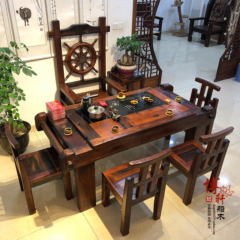 Old boat tea table and chair combined small tea few solid wood furniture kung fu tea table simple imitation of classical new Chinese tea art
